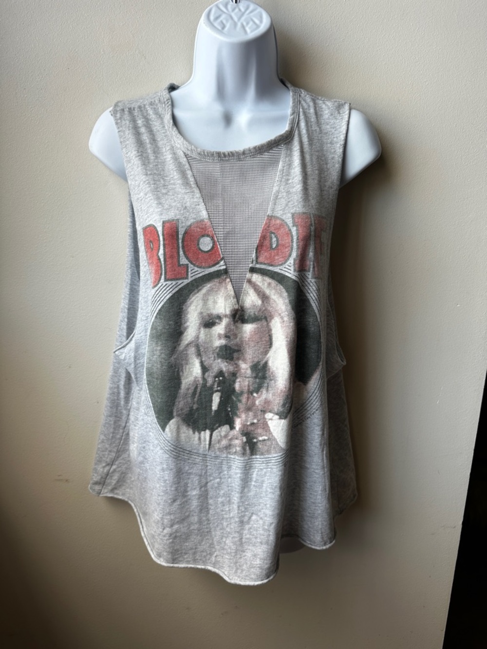 Blondie Graphic Tank Top XL V-Neck Mesh Panel Boho Rocker Band/ Boho Muscle Tee